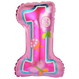 Купить Шар с клапаном (16''/41 см) Мини-цифра, 1-ый День Рождения Девочки, Розовый, 5 шт.