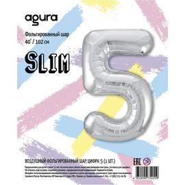 Шар (40''/102 см) Цифра, 5, Slim, Серебро, в упаковке 1 шт. - Артикул: 754559 Цифра 5 Agura Фольга