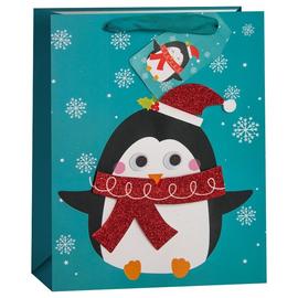 Купить Пакет подарочный, Пингвин и снежинки, Бирюзовый, с блестками, 23*18*10 см