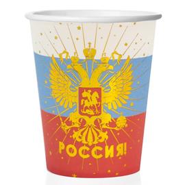 Стаканы (250 мл) Россия! (герб), Золото/Триколор, 6 шт. - Артикул: 690012 Одноразовые стаканы Дон Баллон
