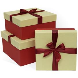 Набор коробок, Бордовый бант, Кремовый/Красный, 21*21*11 см, 3 шт. - Артикул: К116 Коробки с бантами Дон Баллон