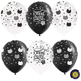 Шар (12''/30 см) Хэппи Мяу, Котики, Черный (299)/Белый (200), пастель, 5 ст, 50 шт. - Артикул: 711422 Разные события Волна веселья