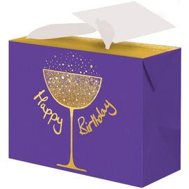 Купить Пакет-коробка подарочный, С Днем Рождения (золотой бокал), Фиолетовый, Металлик, 15*11*9 см