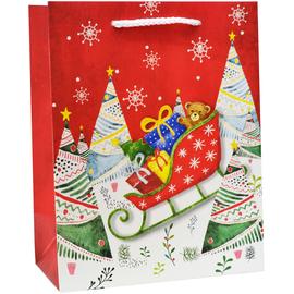 Купить Пакет подарочный, Новогодние санки с подарками и мишкой, Красный, с блестками, 32*26*12 см, 1 шт.