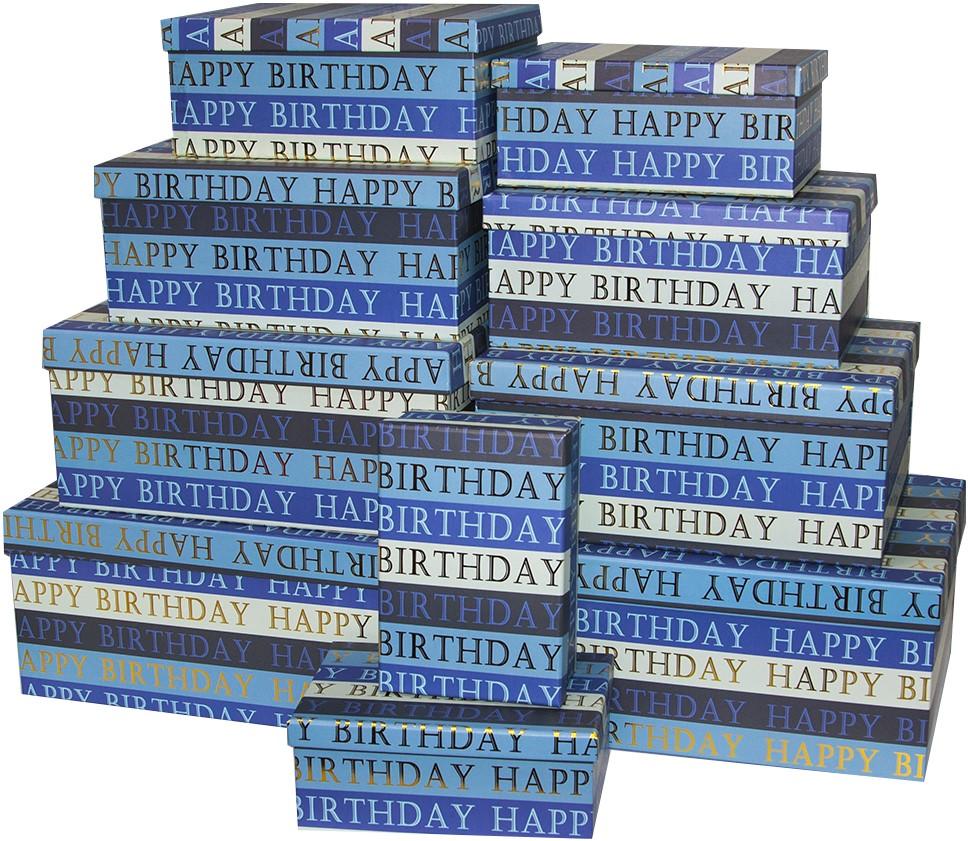 Набор коробок Happy Birthday (полоски), Голубой, Металлик, 38*29*16 см, 10 шт.