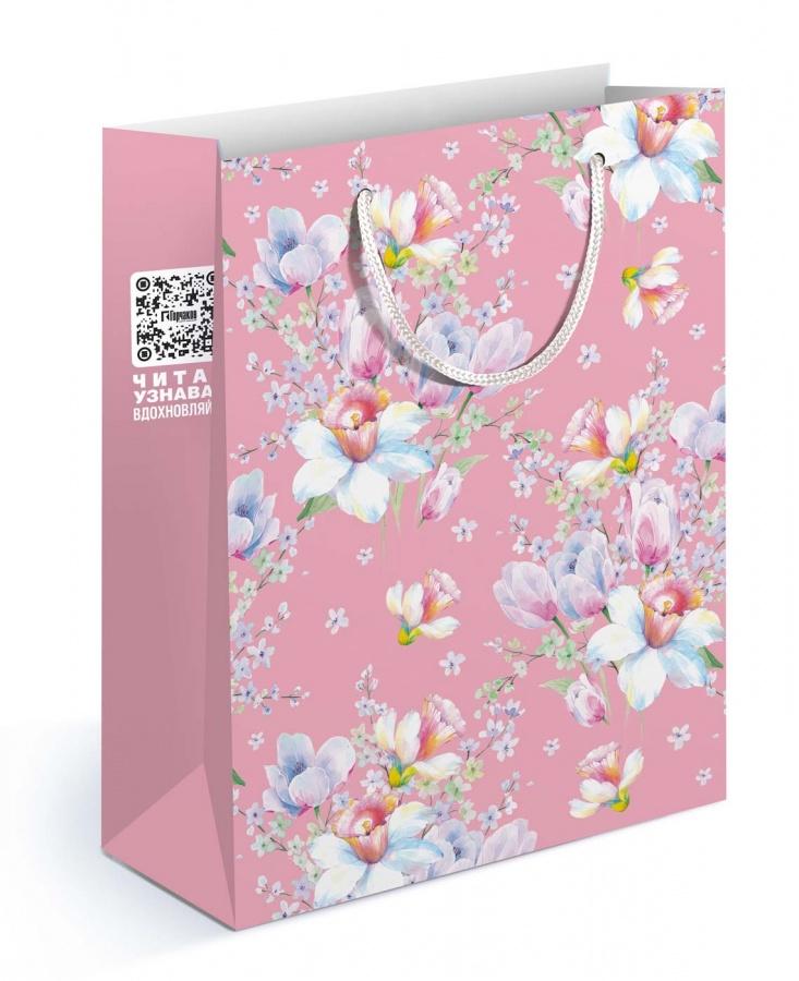 Пакет подарочный, Весенние цветы, Розовый, 23*18*10 см, 1 шт.