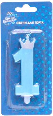Свеча Цифра, 1 Корона для принца, Голубой, с блестками, 8,8 см, 1 шт.