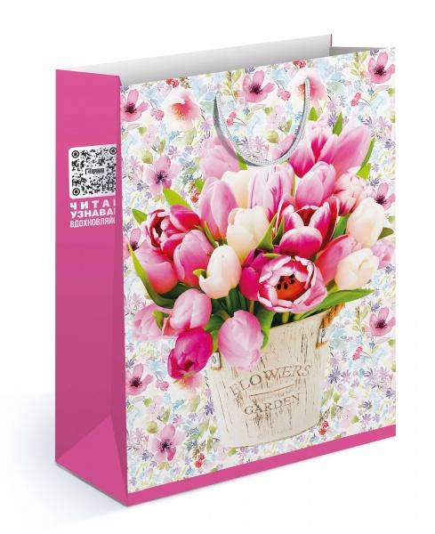 Пакет подарочный, Тюльпаны, Розовый, 32*26*8 см, 1 шт.