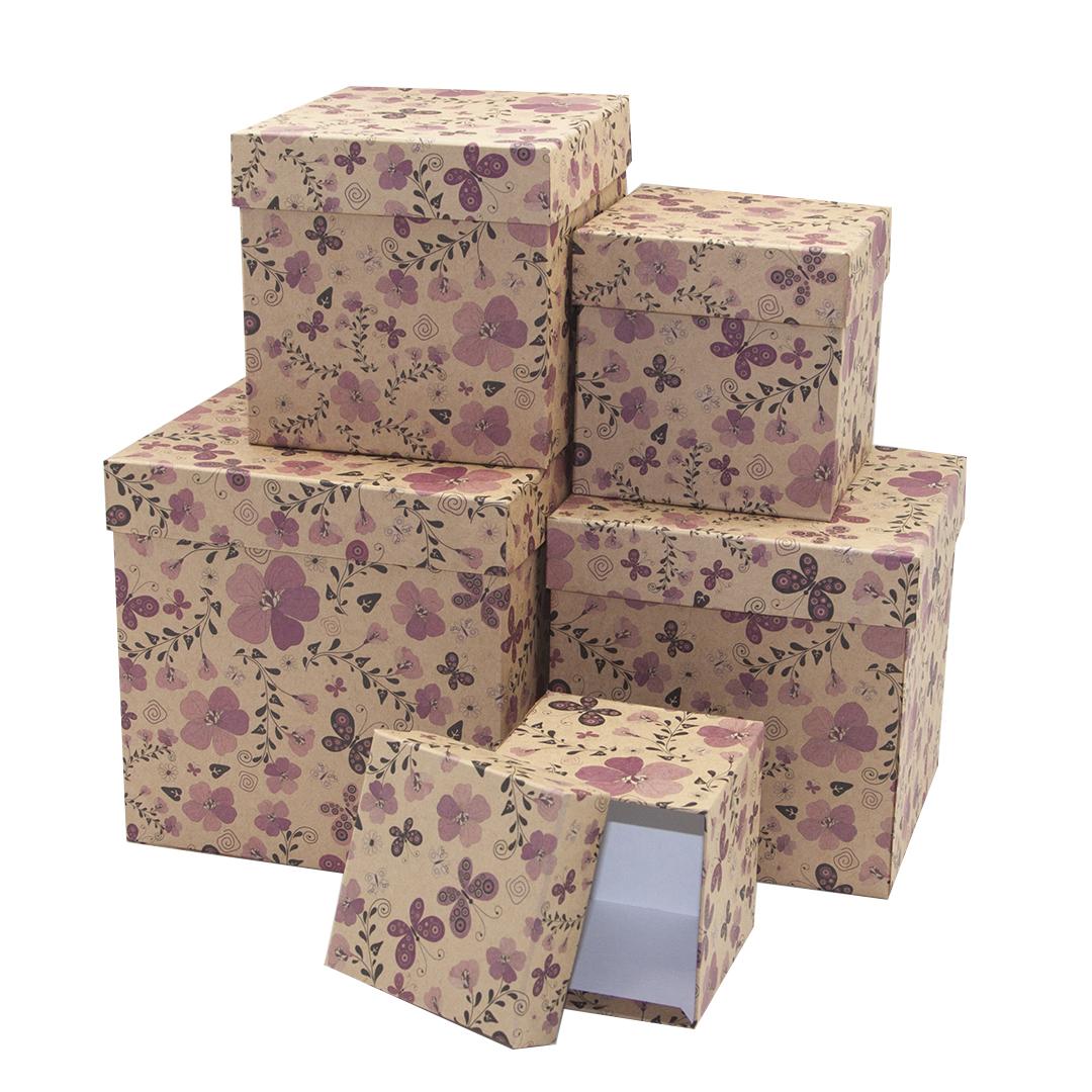 Набор коробок Куб, Бабочки на полянке, Крафт, 17*17*17 см, 5 шт.