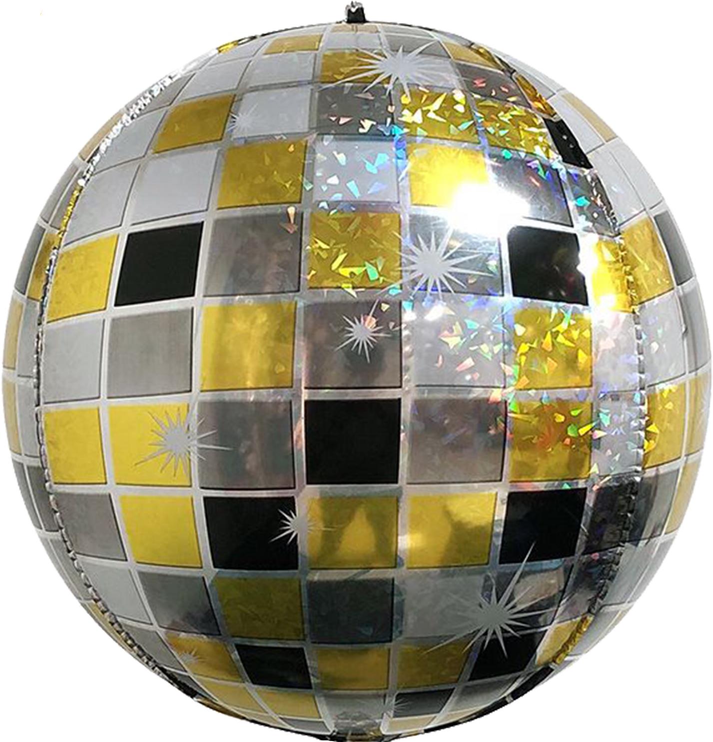 Шар (22''/56 см) Сфера 3D, Сверкающее диско, Черный/Золото, Голография, 1 шт.