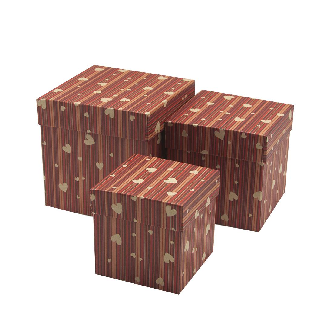 Набор коробок Куб, Сердца и полоски, Красный, 13*13*13 см, 3 шт.