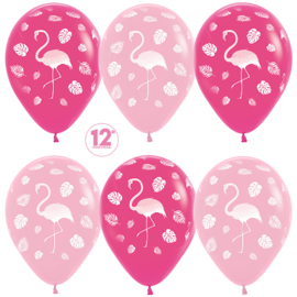 Купить Шар (12''/30 см) Фламинго и листья, Фуше (012)/Розовый (009), пастель, 5 ст, 50 шт.